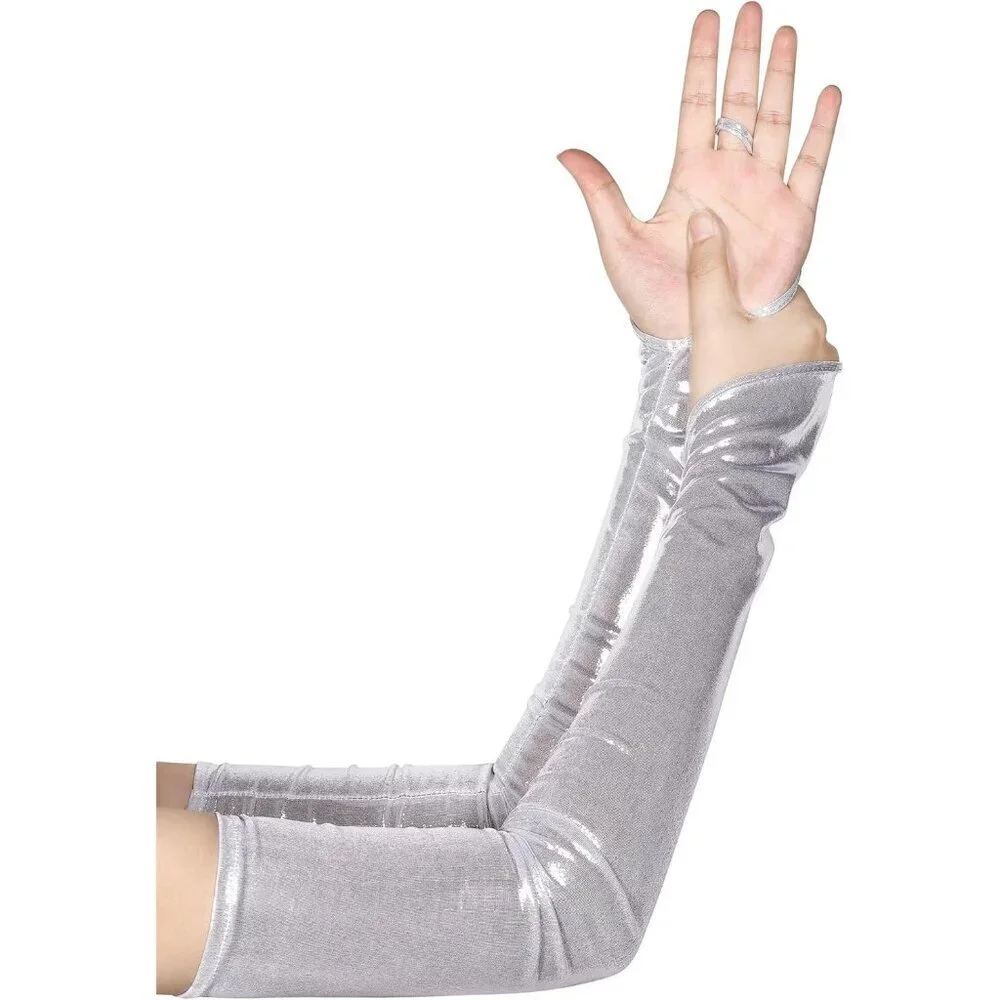 Women's Silver Shiny Elastic Satin Rave Fingerless Long Gloves Party Costume